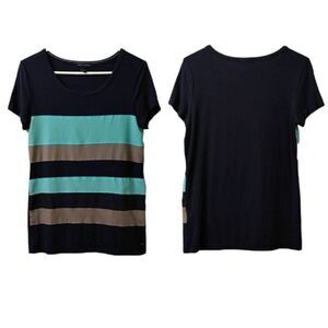 Tommy Hilfiger Women's Blue & Turquoise Striped Scoop Neck Rayon Tee Size Medium
